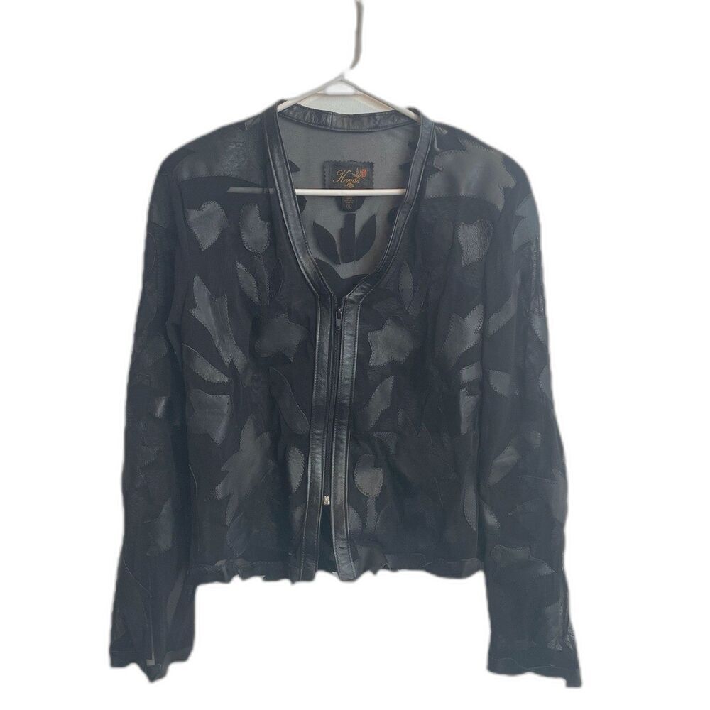 Kanar Black Women’s Sheer Jacket S Leather Classic Floral Zip Posh Edgy Modern
